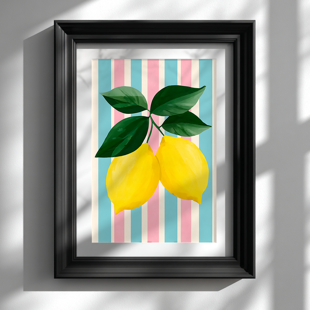 Lemon artwork with a blue and pink stripe background in a black frame