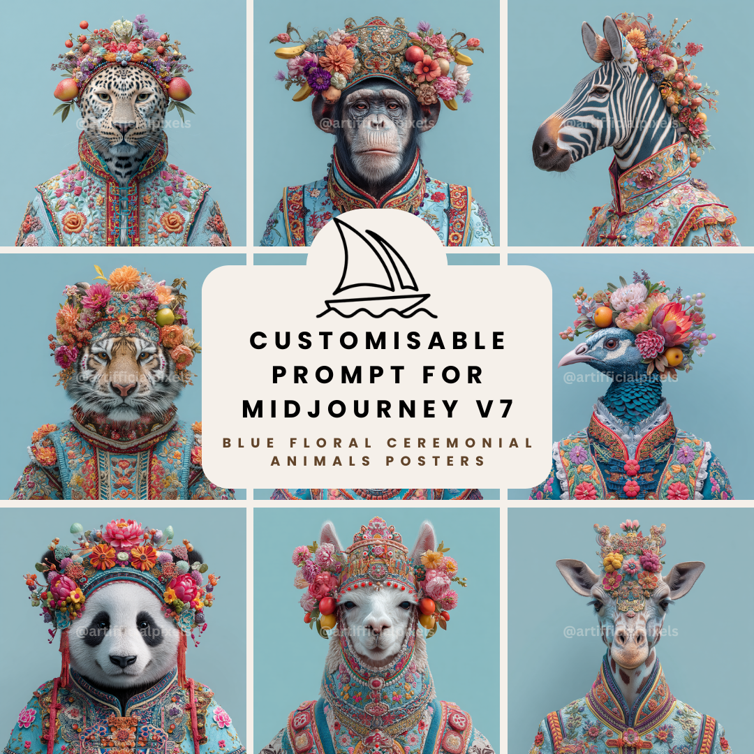 Blue ceremonial animal art collection showing multiple species with intricate embroidery and floral details created using Midjourney prompt