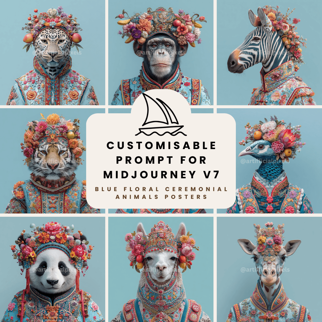Blue ceremonial animal art collection showing multiple species with intricate embroidery and floral details created using Midjourney prompt
