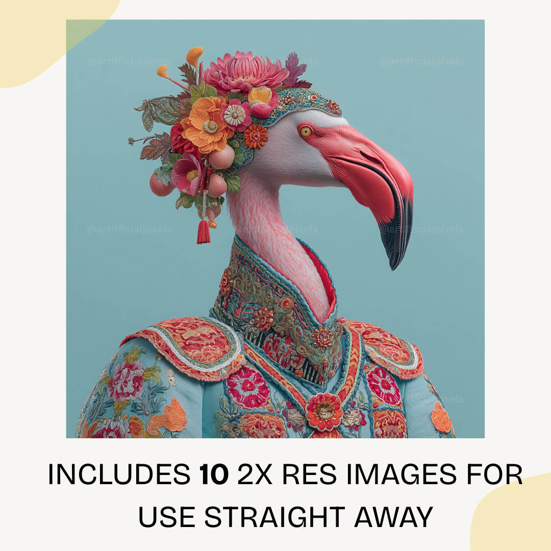 Majestic ceremonial flamingo artwork with blue floral patterns and intricate embroidery details perfect for home decor