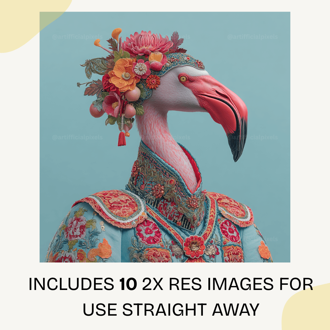 Majestic ceremonial flamingo artwork with blue floral patterns and intricate embroidery details perfect for home decor