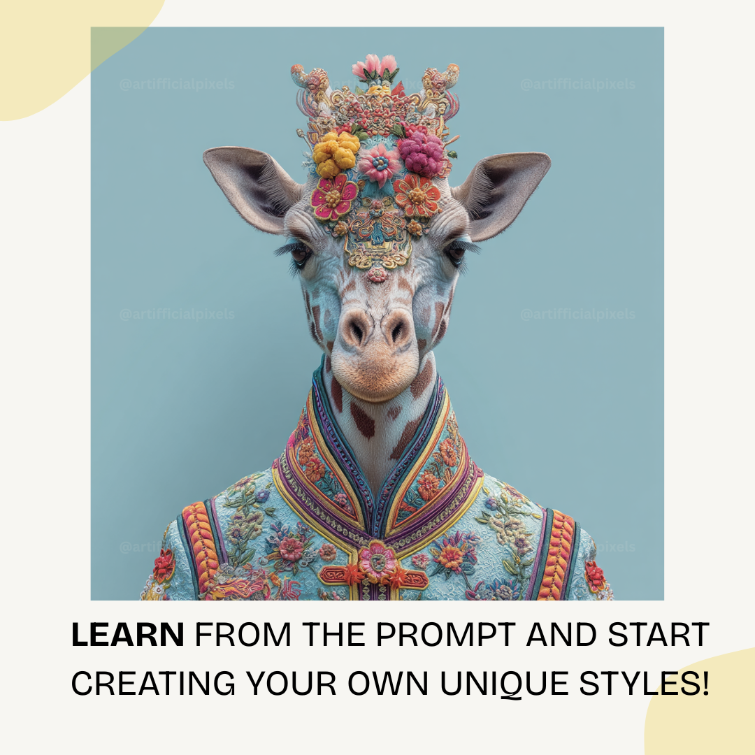 Stunning ceremonial giraffe artwork featuring blue floral embroidery and intricate decorative patterns for wall art