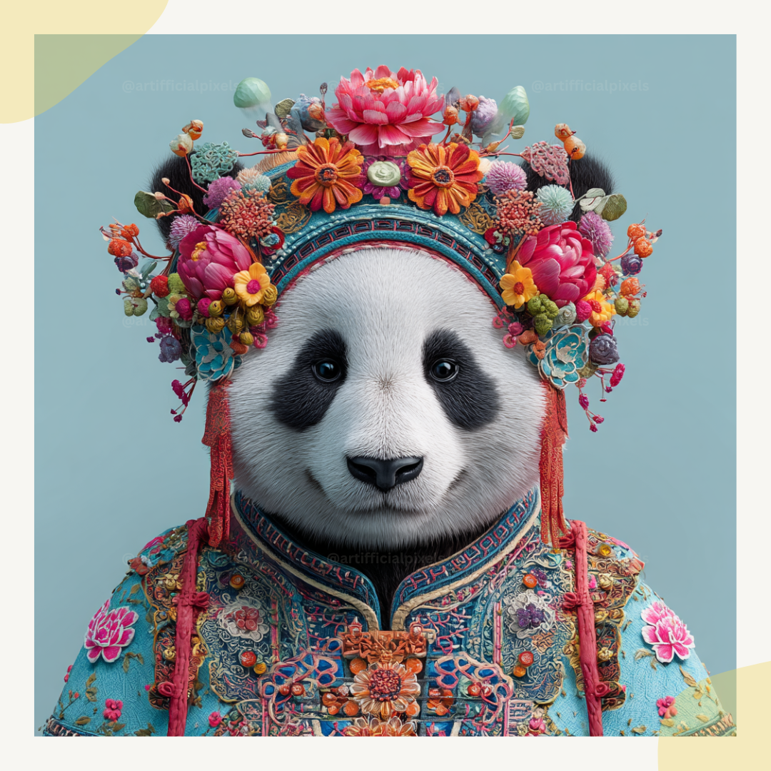 Adorable ceremonial panda artwork featuring blue floral embroidery and decorative elements for nursery and wall art