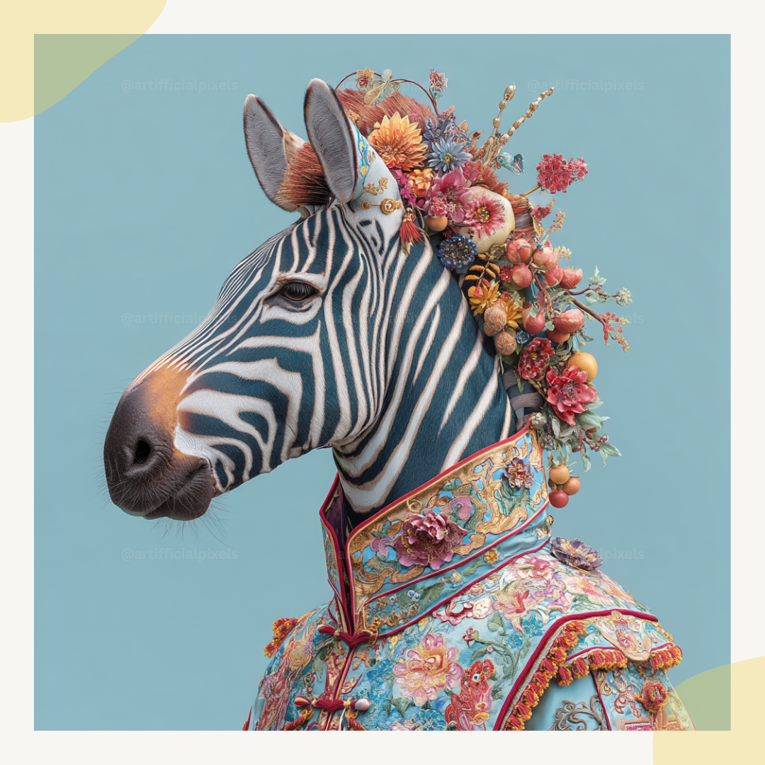 Striking ceremonial zebra artwork with blue floral embroidery and decorative patterns perfect for contemporary wall decor