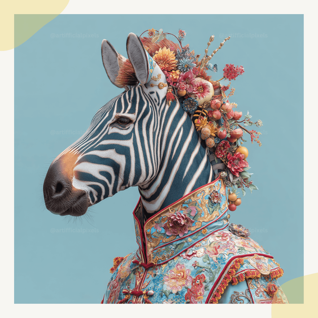 Striking ceremonial zebra artwork with blue floral embroidery and decorative patterns perfect for contemporary wall decor