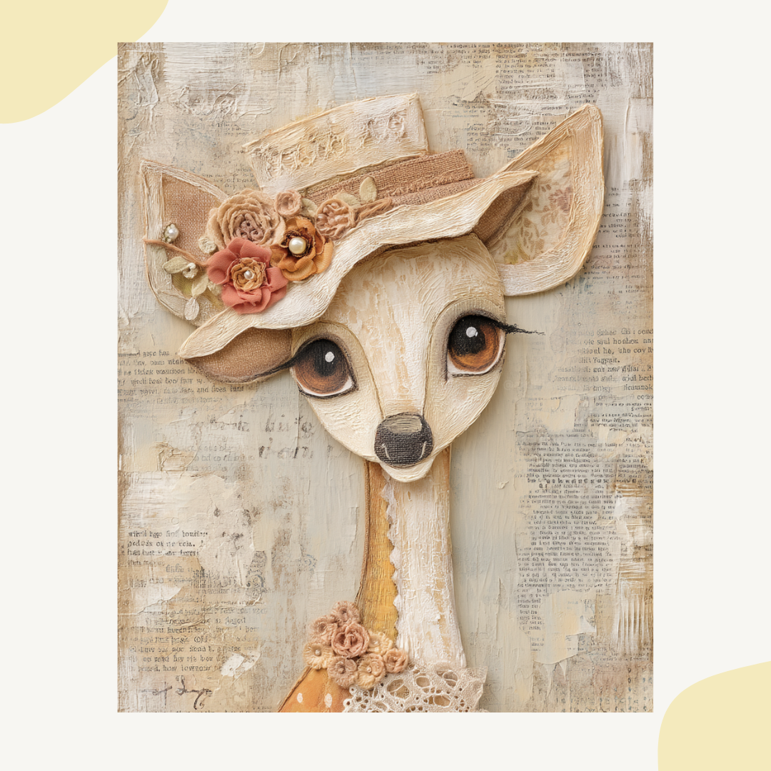 Whimsical portrait of a deer in mixed media folk-art style, Midjourney-generated with soft tones and layered vintage textures
