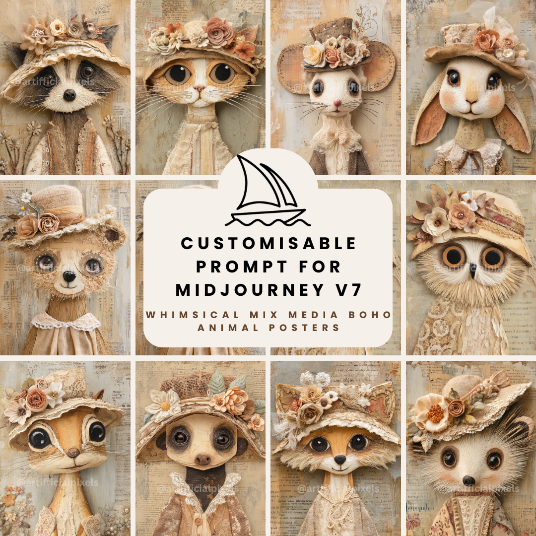 Whimsical portrait of animals in mixed media folk-art style, Midjourney-generated with soft tones and layered vintage textures front cover.