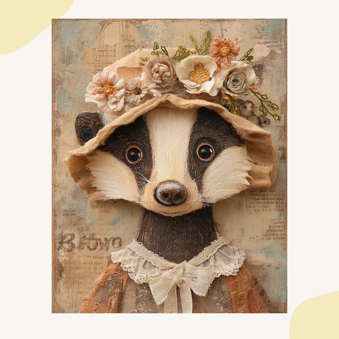 Whimsical portrait of a raccoon in mixed media folk-art style, Midjourney-generated with soft tones and layered vintage textures