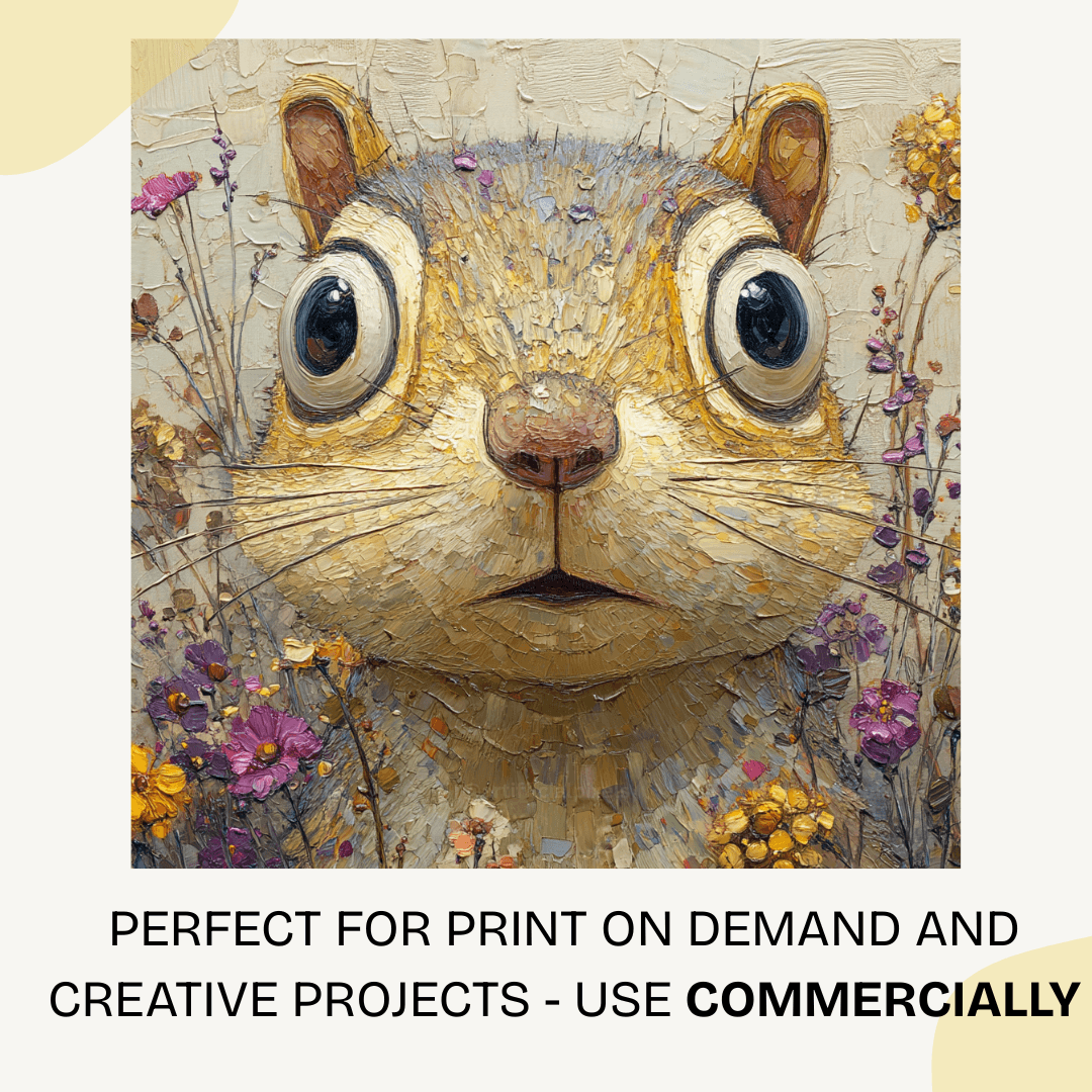 Artistic depiction of a squirrel surrounded by flowers with text about print-on-demand and commercial use.