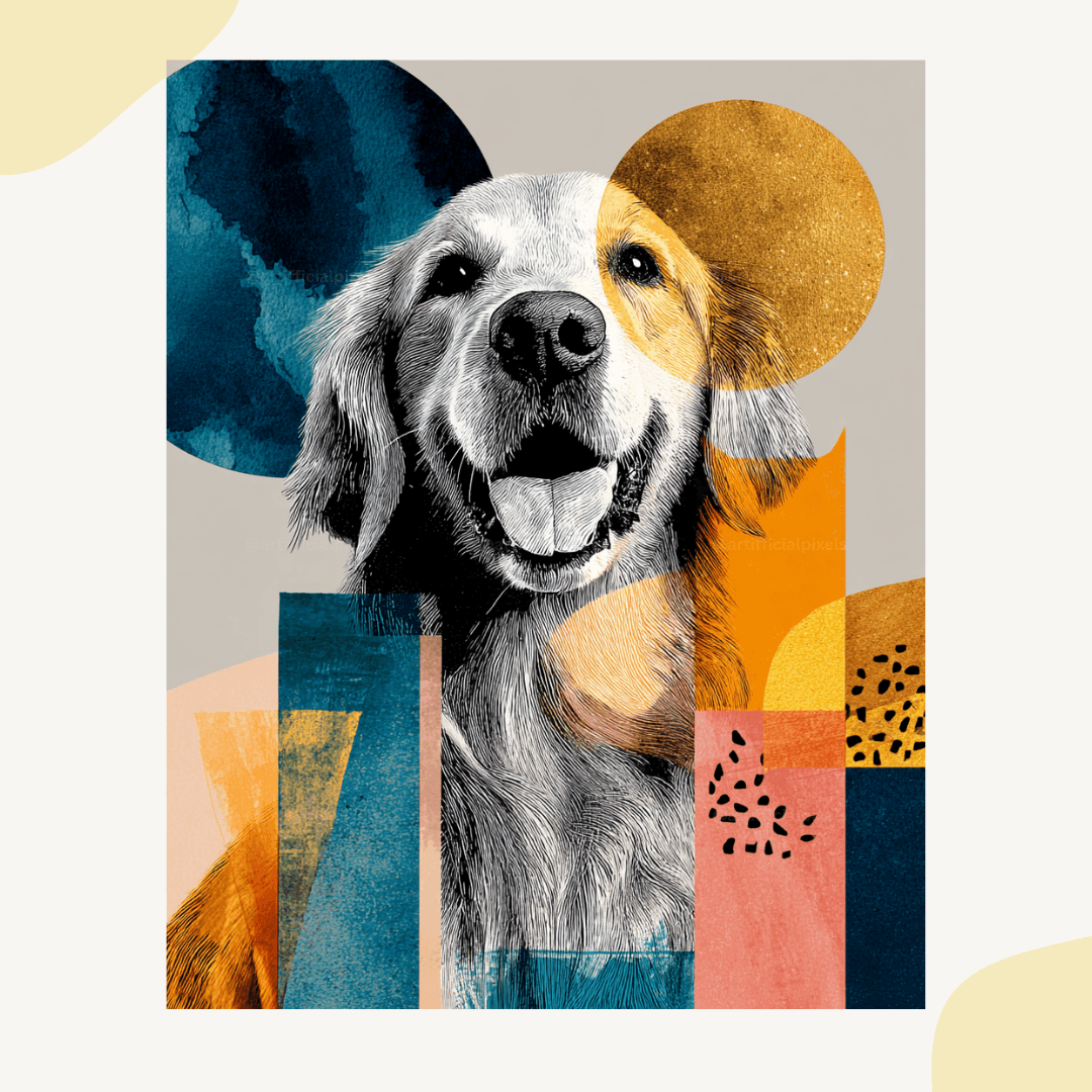 Bold geometric golden retriever portrait with pop art styling created using Midjourney prompt template ready for printing