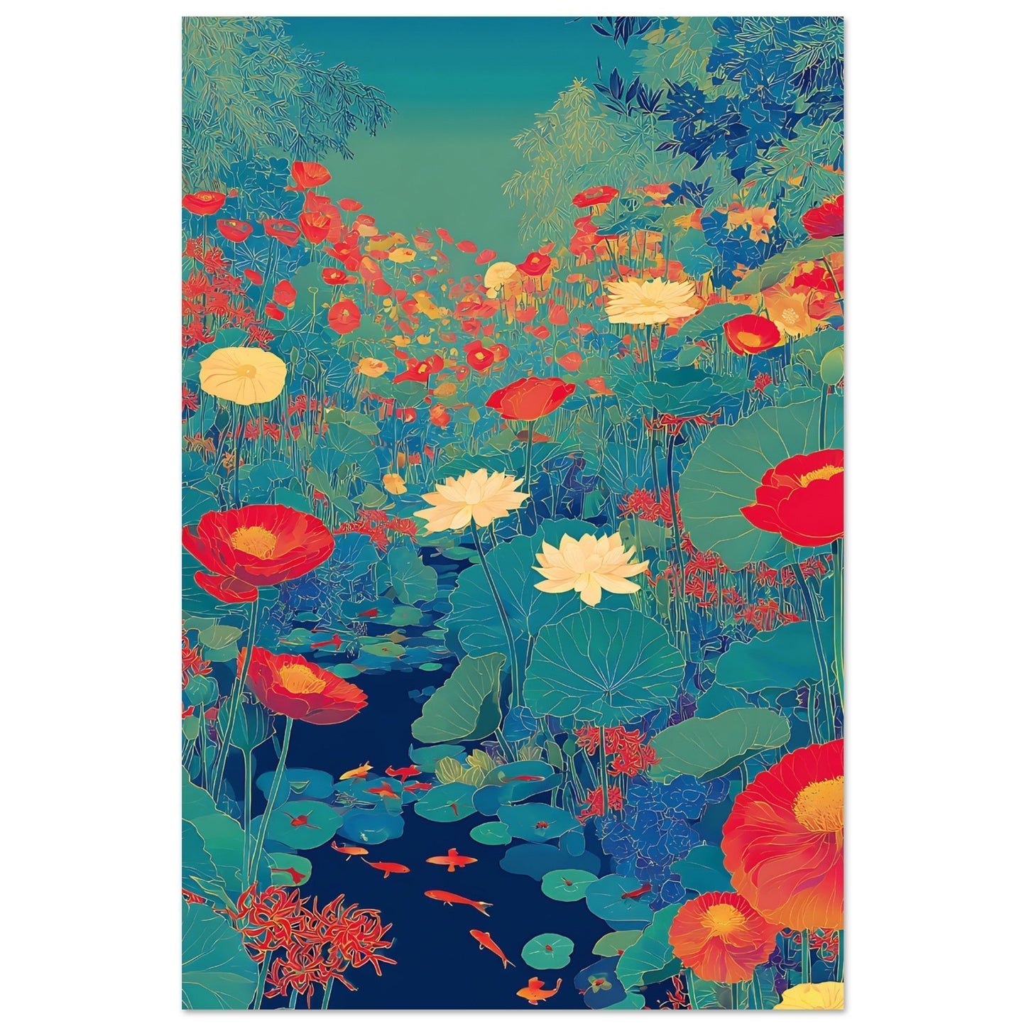 Close-up detail of bold lotus poster print showing intricate pond flowers and vibrant colours