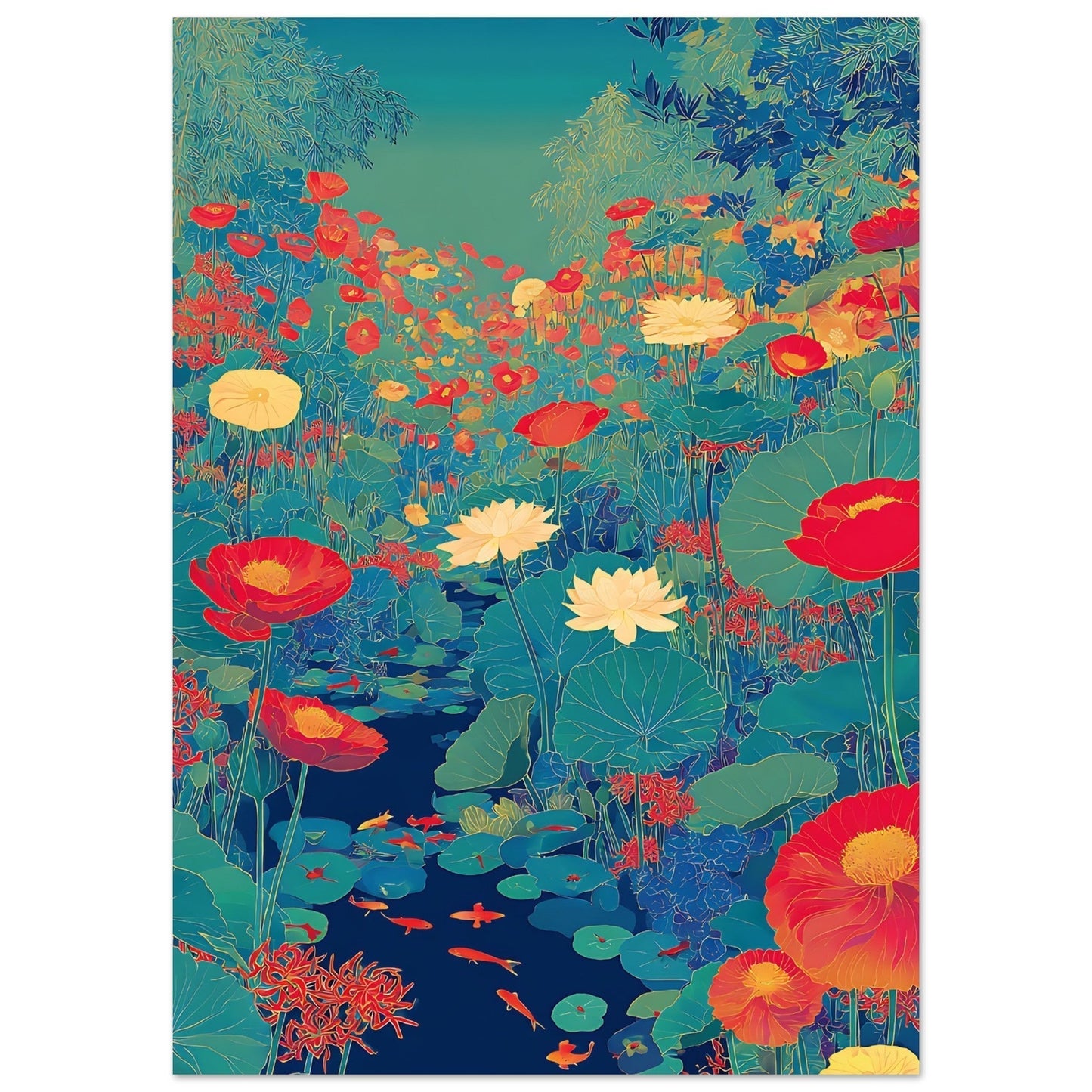 Close-up section of bold lotus poster print highlighting pond flowers and artistic detail