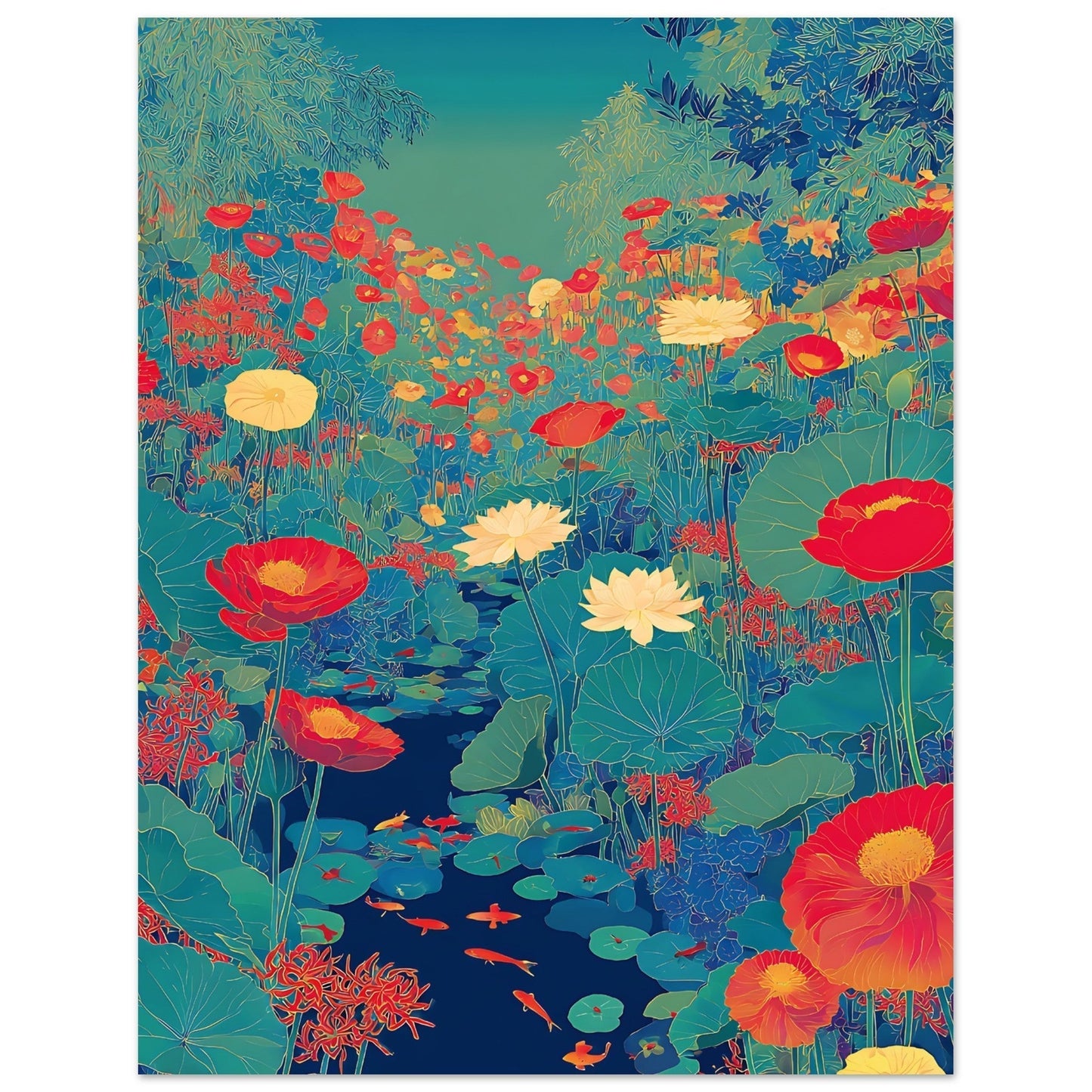 Detailed portion of bold lotus poster print showing vibrant pond and lotus flower artwork