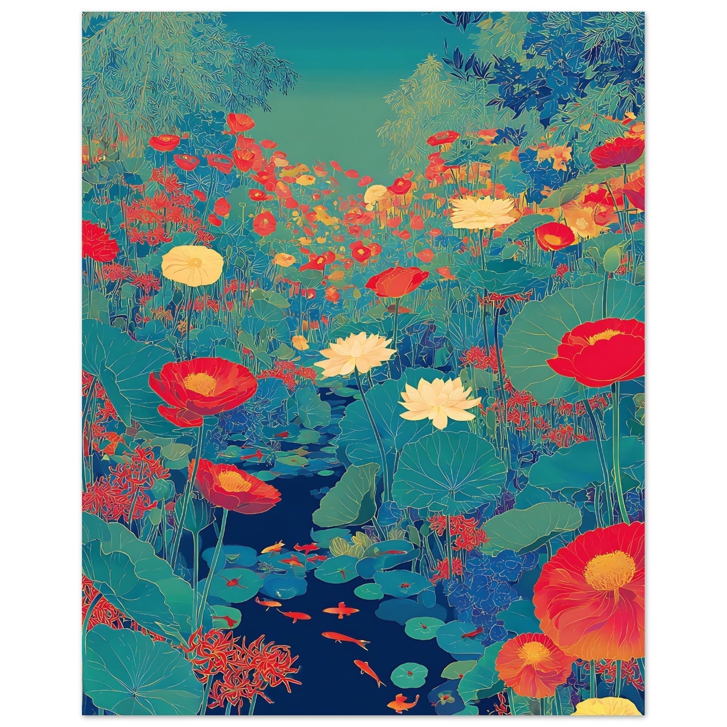 Close-up view of bold lotus poster print displaying colourful pond floral design elements