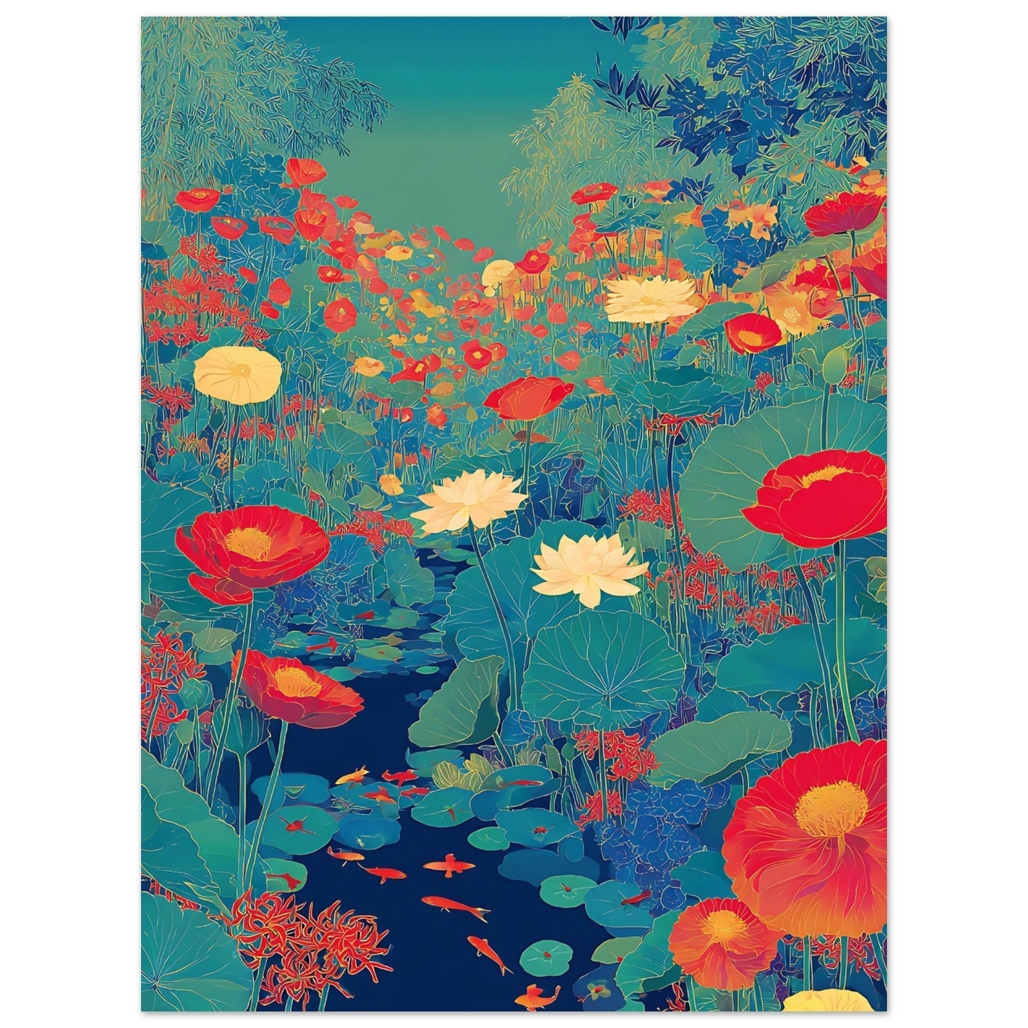 Detailed section of bold lotus poster print featuring pond flowers and artistic composition