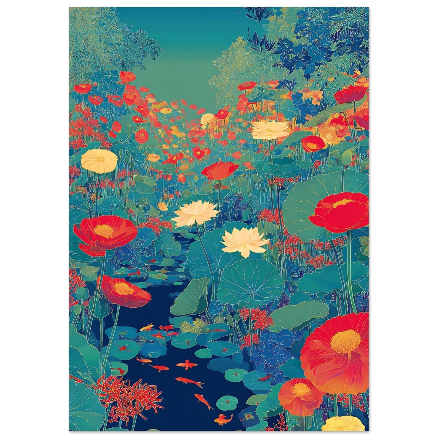 Close-up detail of bold lotus poster print showing vibrant pond scene with floral motifs