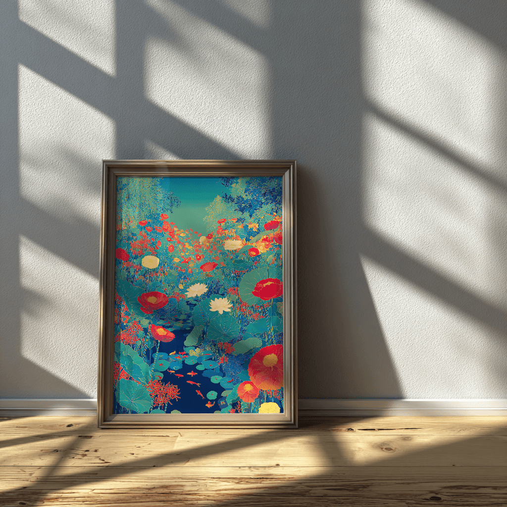 Bold lotus poster print in glass frame showcasing detailed pond and flower artwork