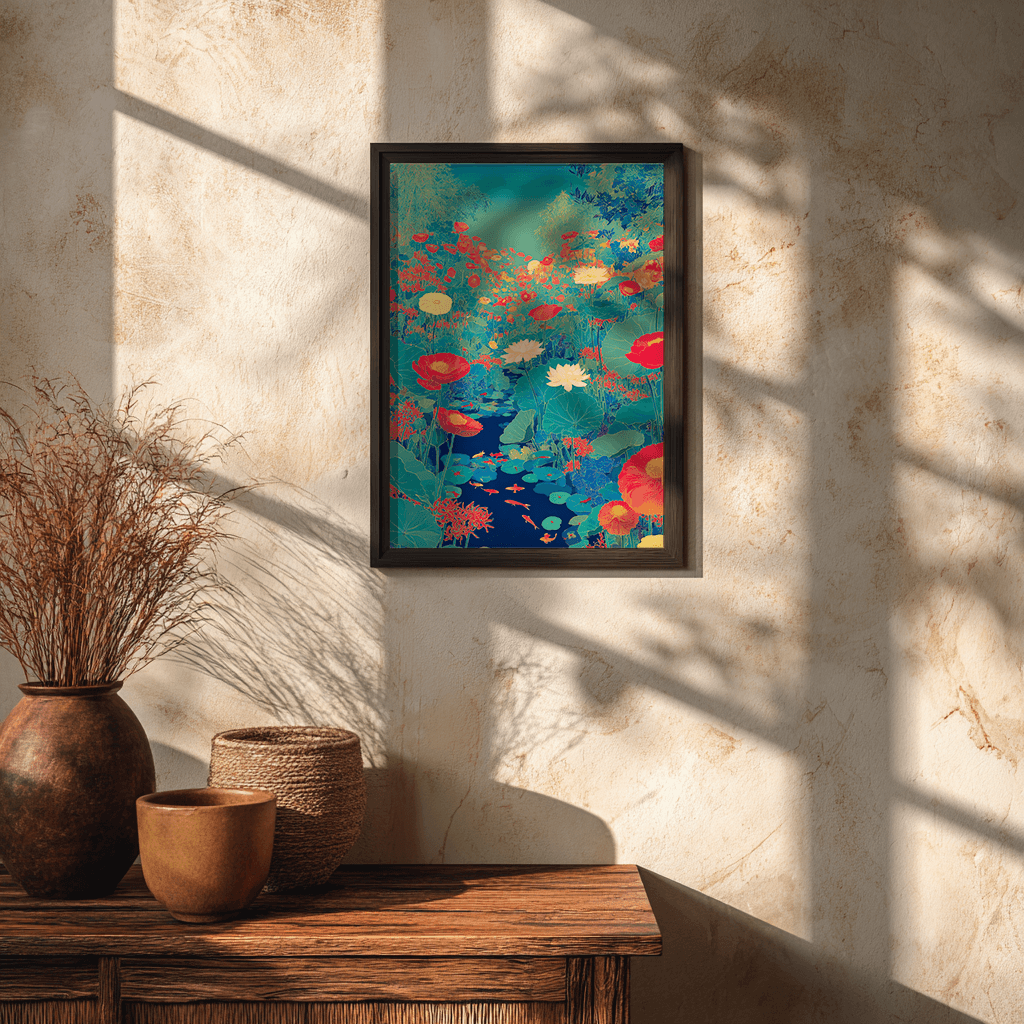 Bold lotus poster print in glass frame wall mounted displaying vibrant pond floral scene