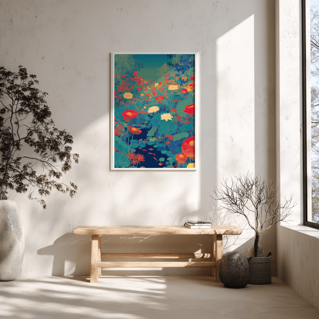 Bold lotus poster print styled with Scandinavian bench showing colourful pond and lotus flowers
