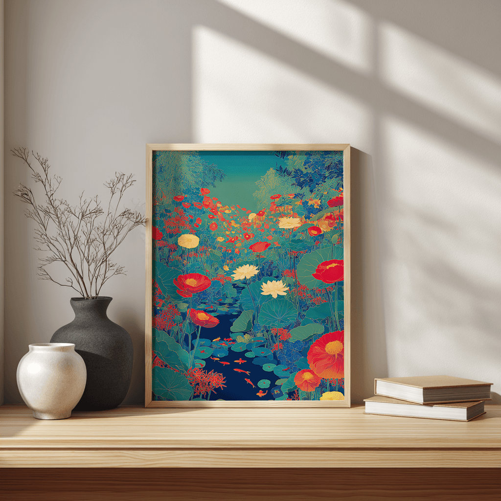Bold lotus poster print displayed on Scandinavian style desk setup with colourful floral pond design