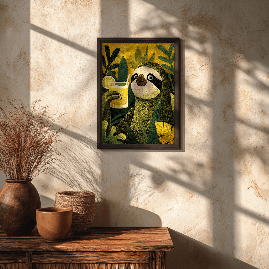 Botanical sloth poster featuring tropical wildlife art design for contemporary spaces