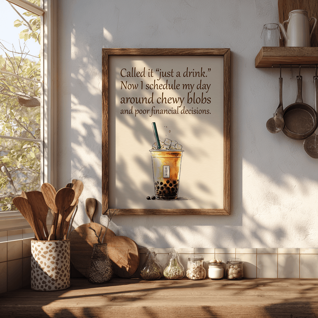 Bubble tea inspirational poster with humorous quote displayed as wall decor in boho eclectic kitchen