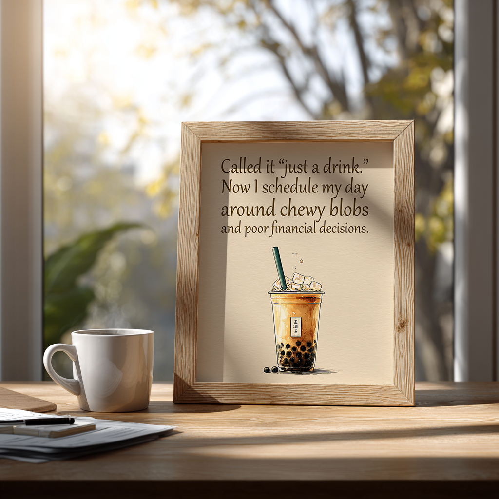 Bubble tea wall decor poster with playful quote displayed front-facing on wooden desk setup