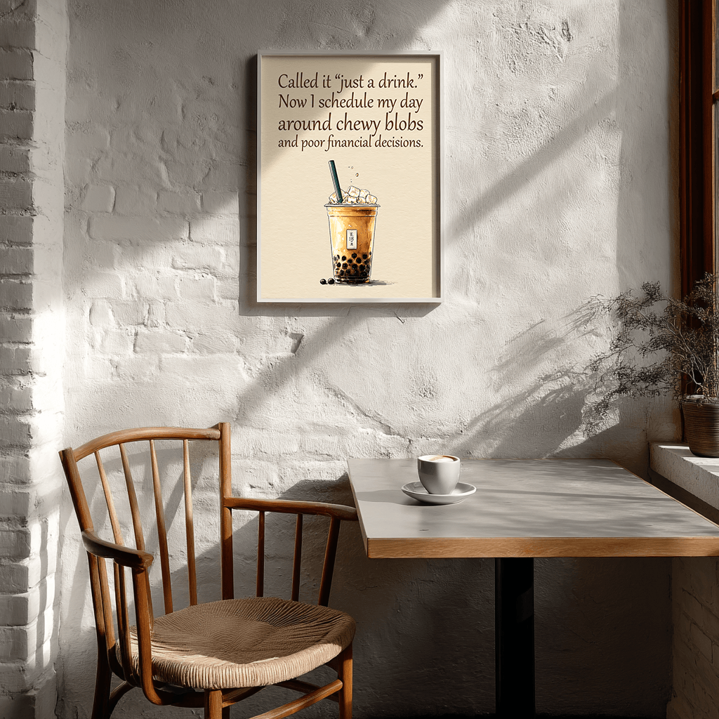Bubble tea quote poster print displayed as modern wall decor in bright Scandinavian café interior