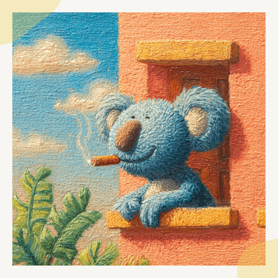 Midjourney AI Art Prompt to create textured illustration of a blue koala smoking a cigarette by a window.