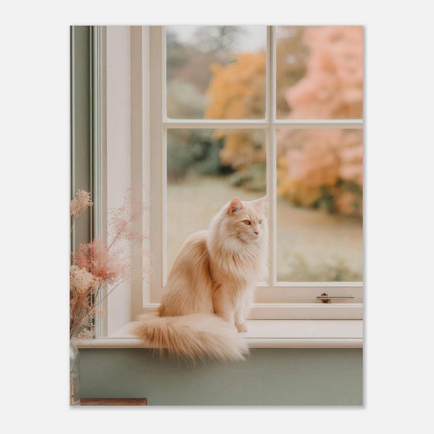 11x14 inch cat-on-windowsill poster with a soft autumn background and cream cat. Perfect for bedroom or hallway decor.