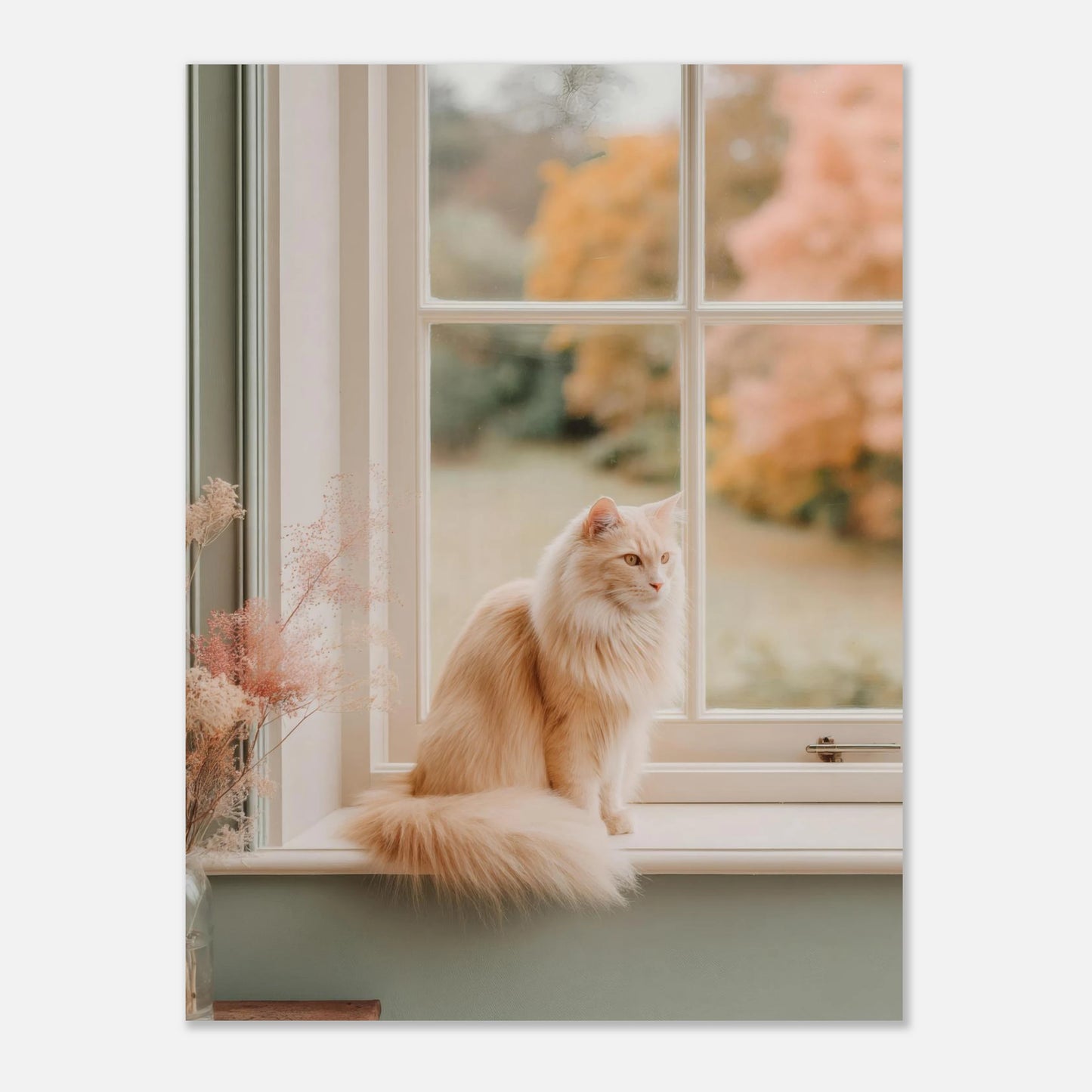 12x16 inch framed cat-on-windowsill print with autumn scenery. Peaceful and warm art for home or office walls.