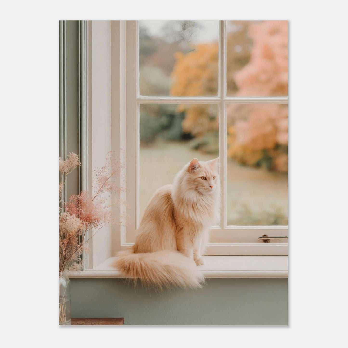 18x24 inch cat-on-windowsill wall art with autumn window scene. Adds warmth and charm to living room or study.
