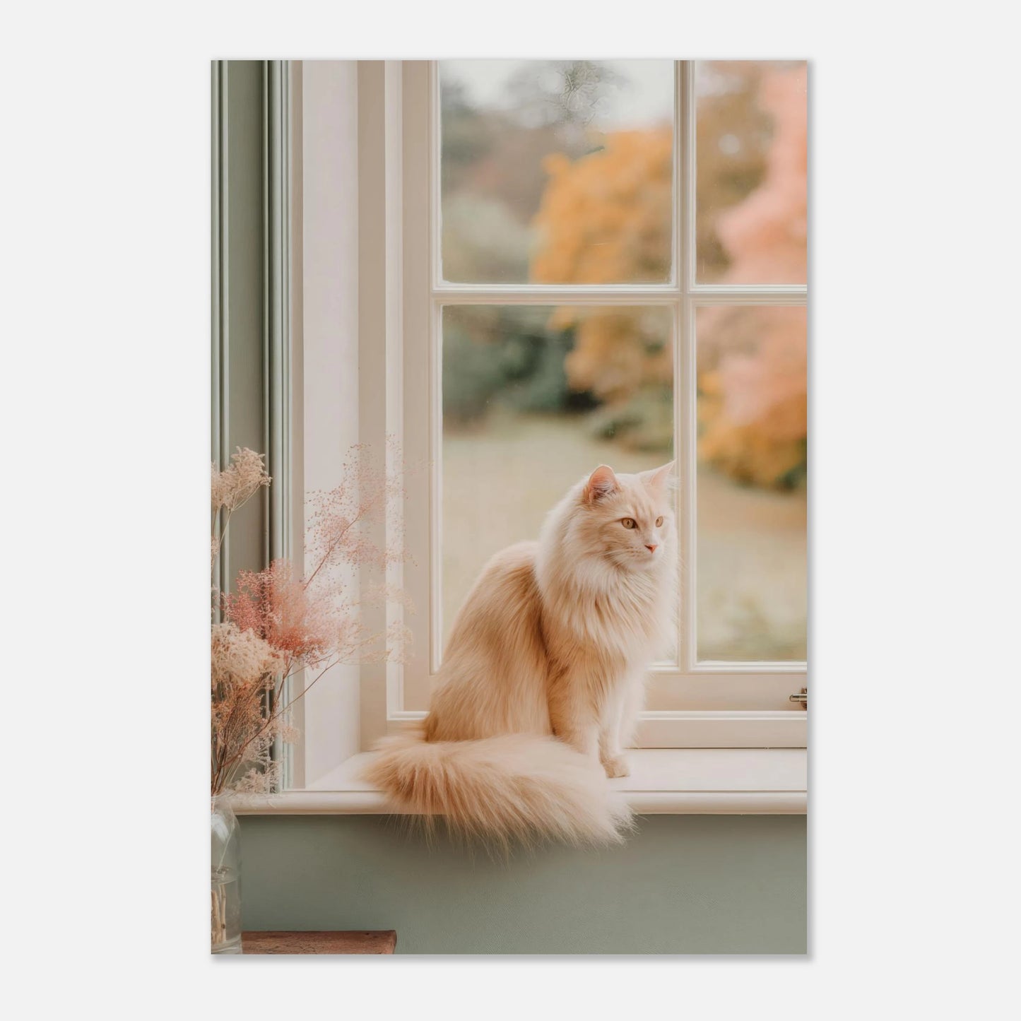 24x36 inch oversized cat-on-windowsill poster featuring cream cat and autumn tones. Ideal focal wall art for contemporary homes.