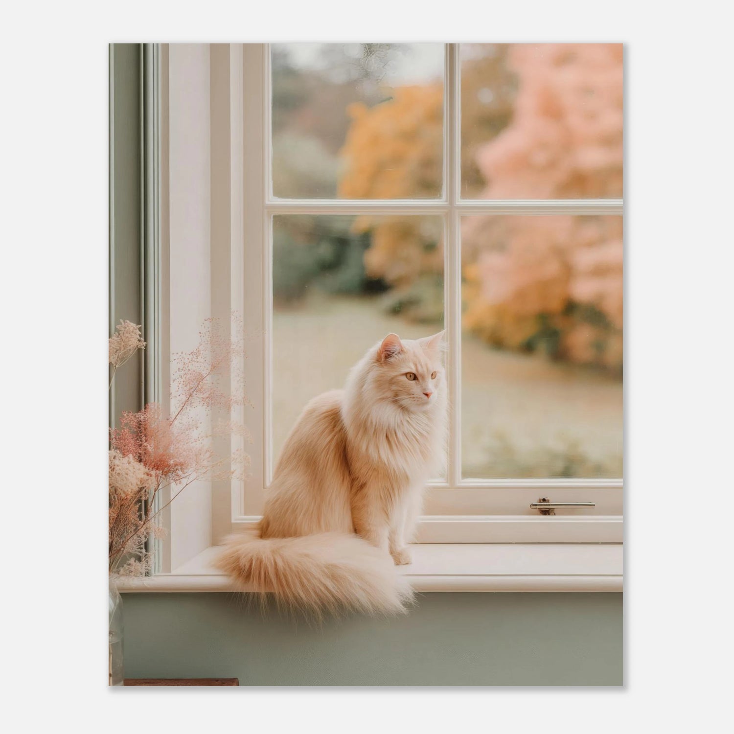 8x10 inch cat-on-windowsill art print featuring a cream cat by a window with autumn trees. Ideal for small spaces and gallery walls.