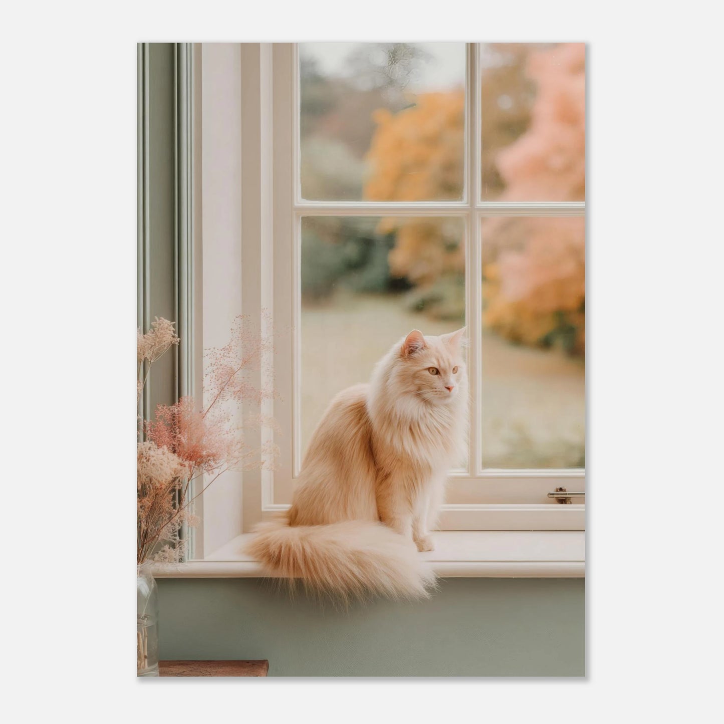 A1 extra-large cat-on-windowsill art print with detailed autumn landscape. Perfect statement piece for modern interiors.