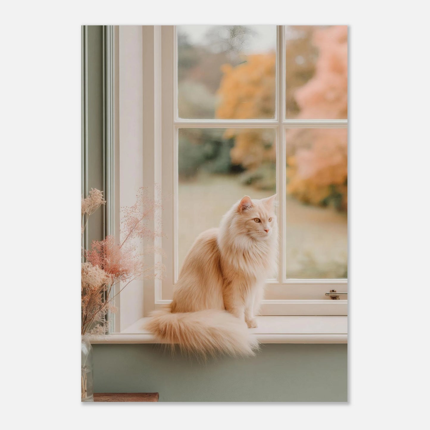 A2 large cat-on-windowsill poster featuring a cream cat and soft autumn colours. Calming and elegant wall decor.