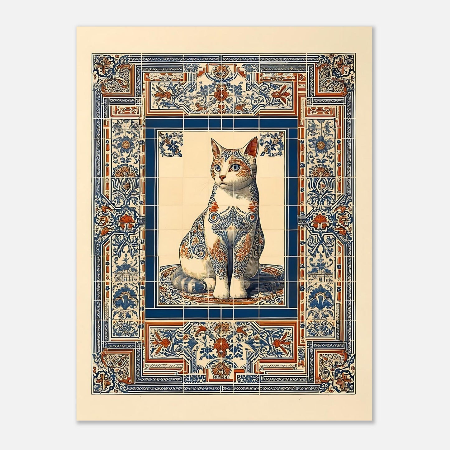 Decorative cat poster print in 12x16 size, ornate mosaic tile wall art on plain background