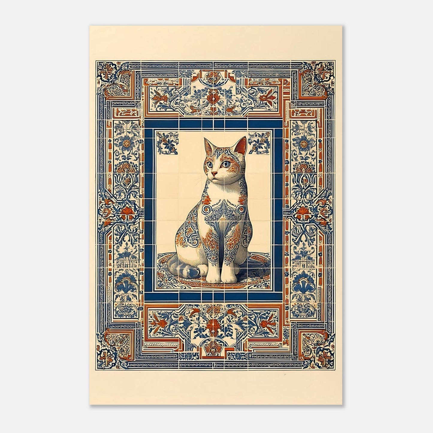 Ornate cat poster print in 24x36 size, large mosaic tile wall art for statement decor