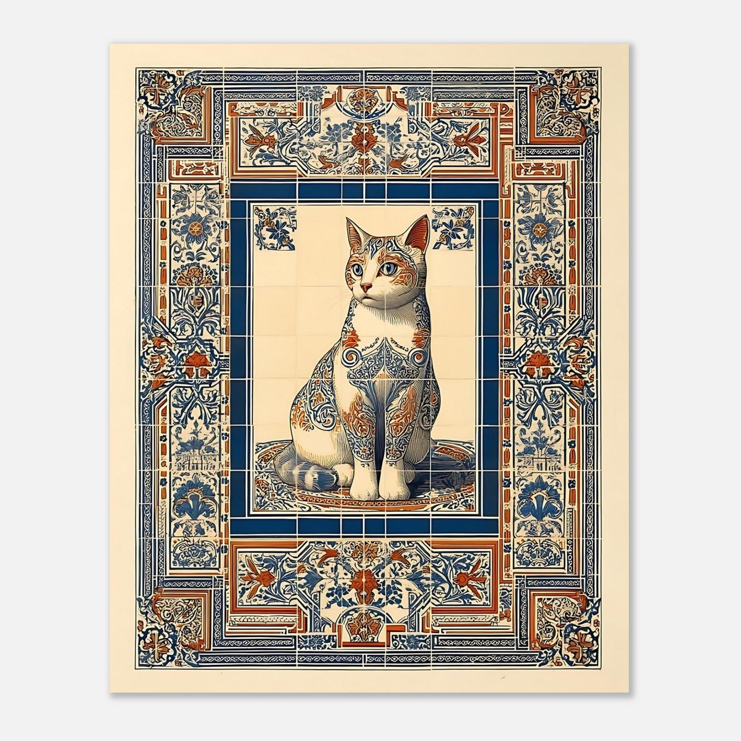 Ornate cat poster print in 8x10 size, decorative mosaic tile wall art on plain background