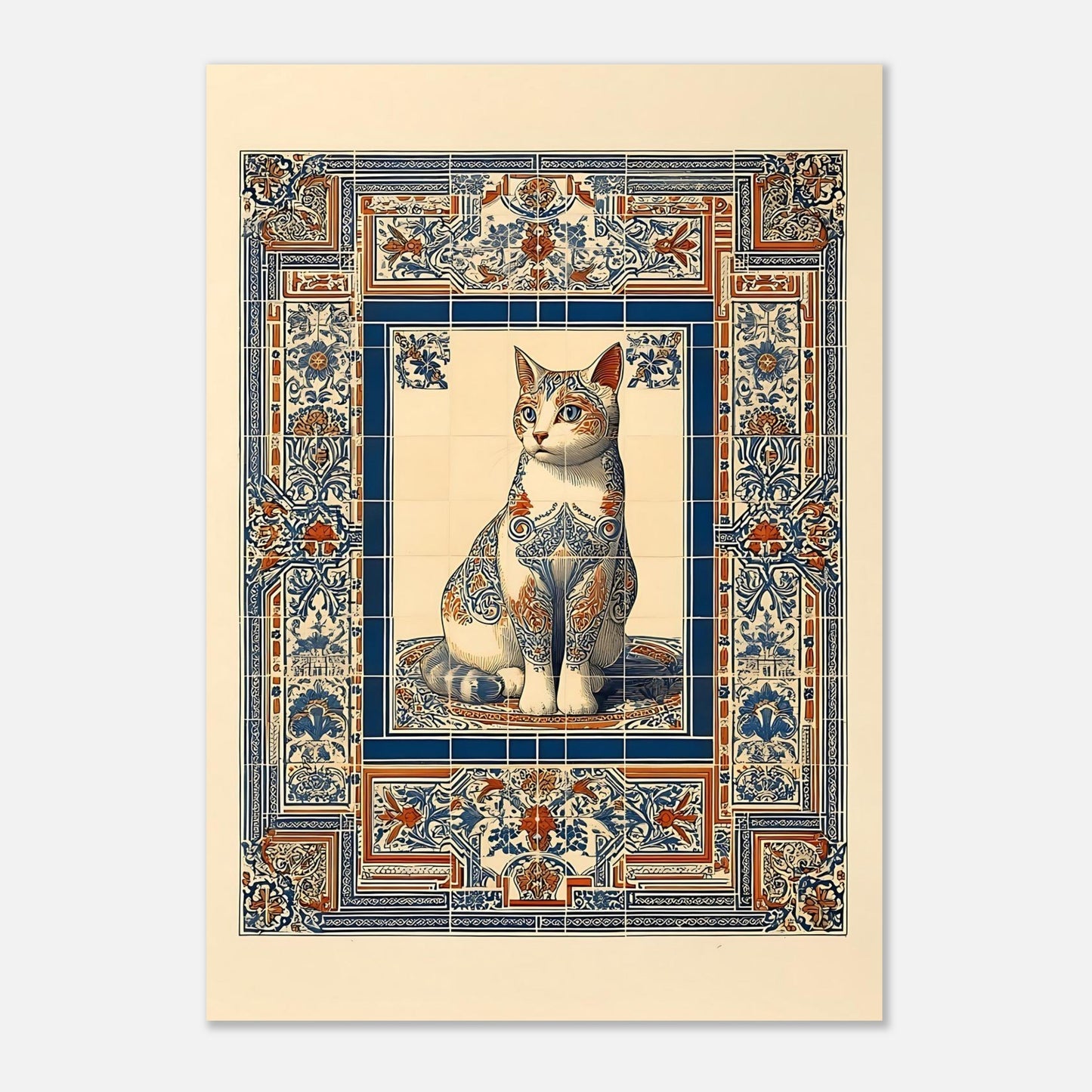 Ornate cat poster A2 size, vintage mosaic tile art print for eclectic home decor