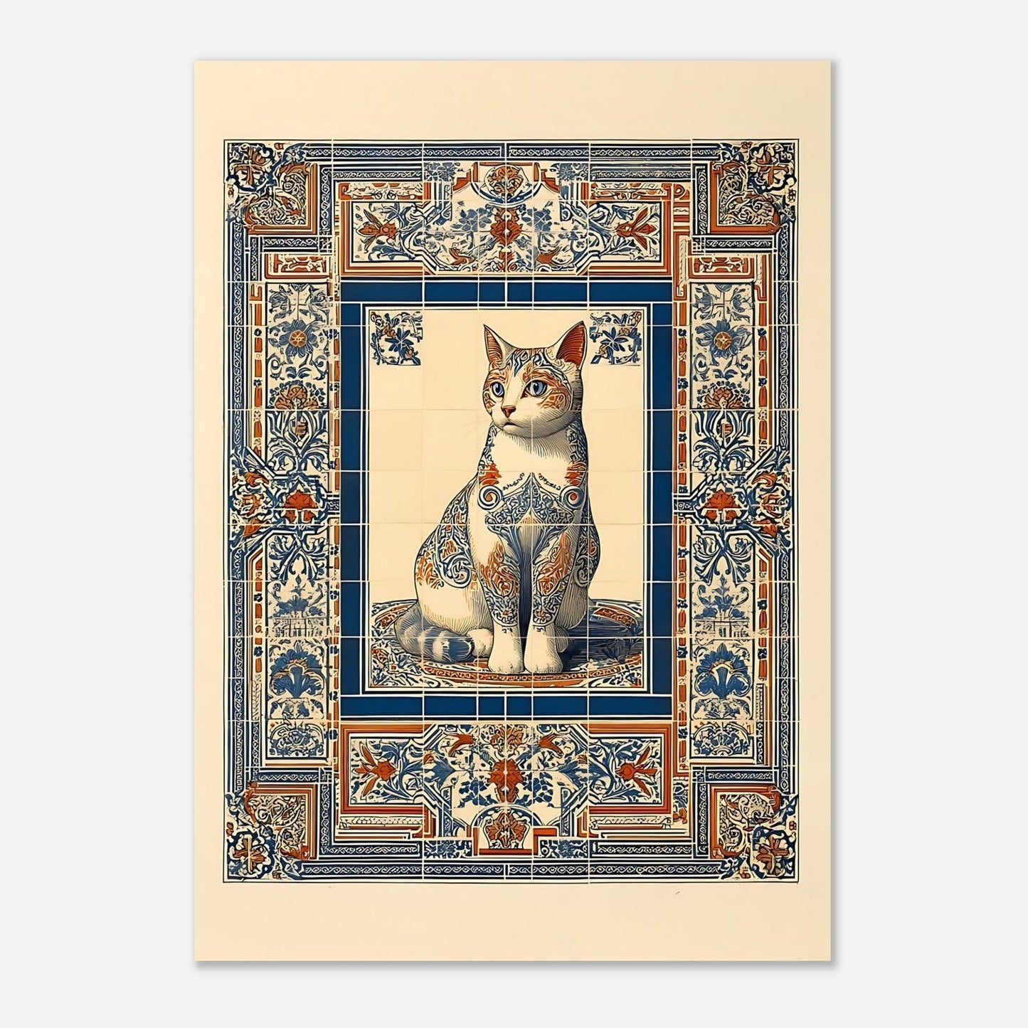 Cat poster in A3 size, ornate tile mosaic artwork for eclectic home wall decor