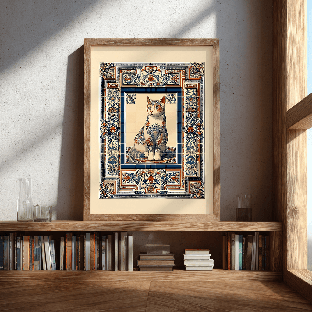 Vintage cat poster styled on bookshelf, ornate tile mosaic wall art for eclectic interiors