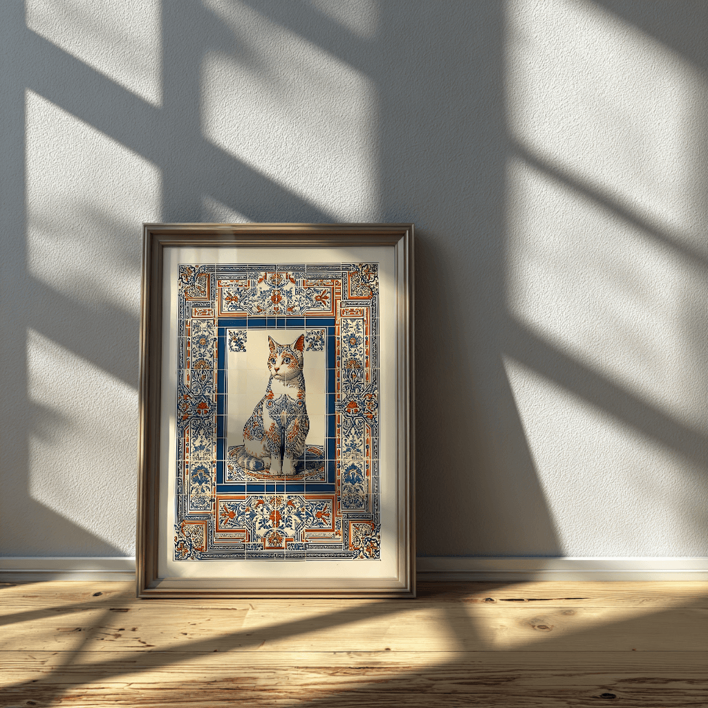 Cat poster in glass frame with natural light, decorative tile mosaic wall art for modern decor
