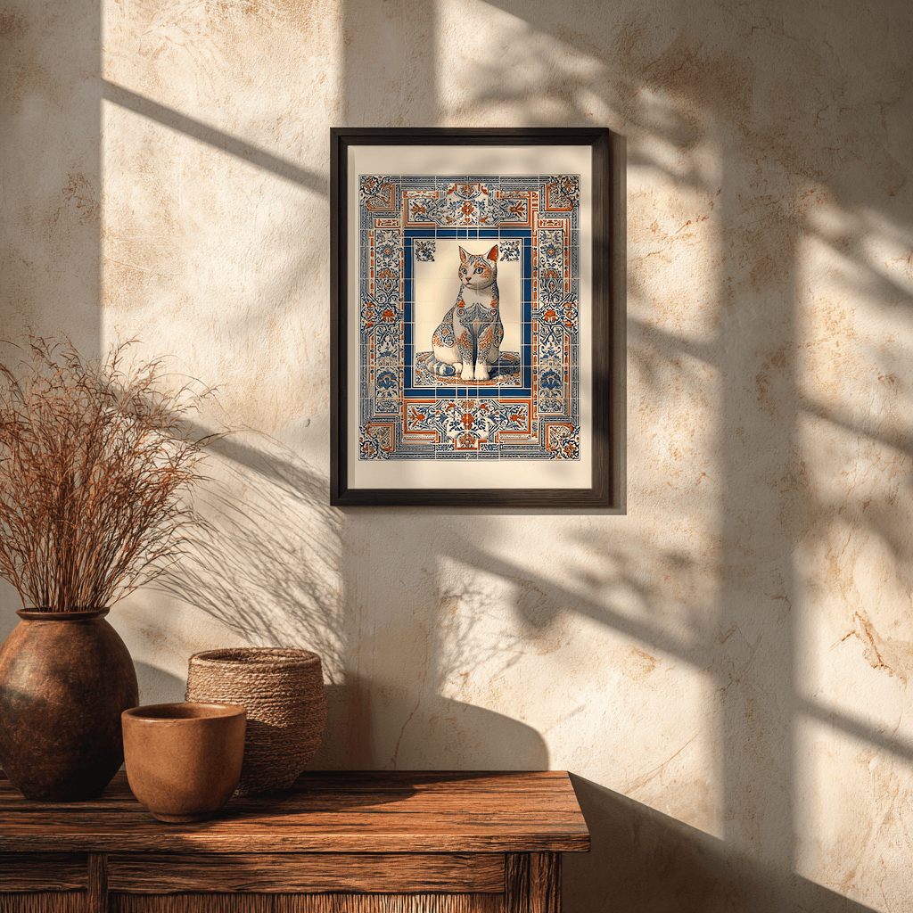 Cat poster with black glass frame on textured wall, ornate tile art print for vintage style decor