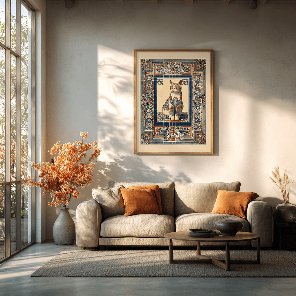 Ornate cat poster styled in minimalist living room, mosaic tile wall art for eclectic home decor