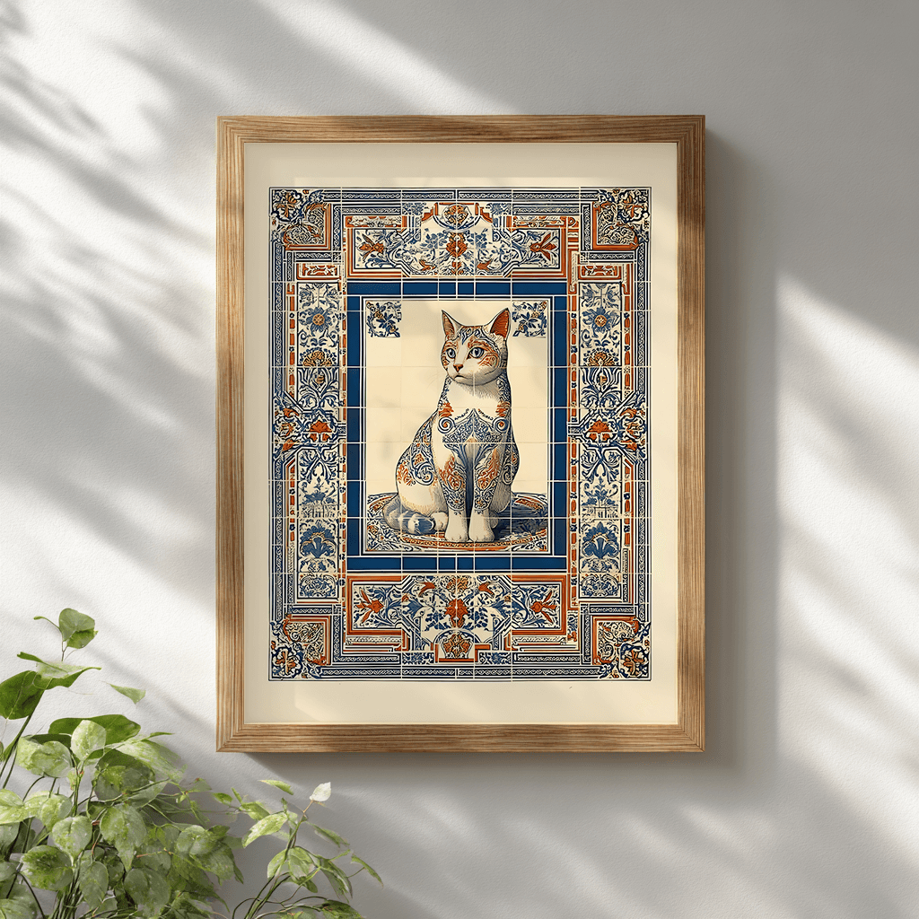 Cat poster in wooden frame on white wall, ornate tile mosaic wall art for vintage and eclectic decor