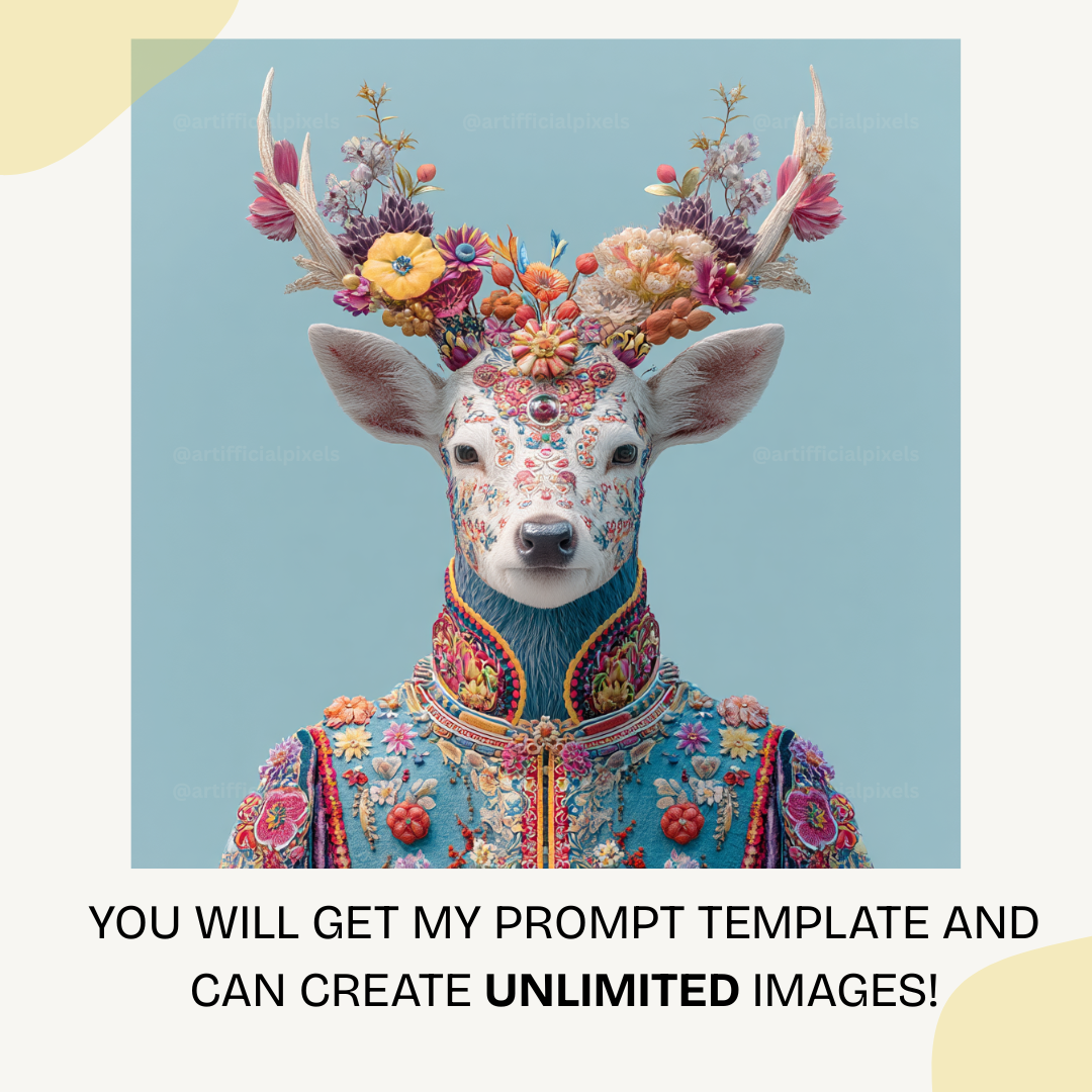 Elegant ceremonial deer artwork featuring blue floral embroidery and ornate decorative elements for wall art and poster prints