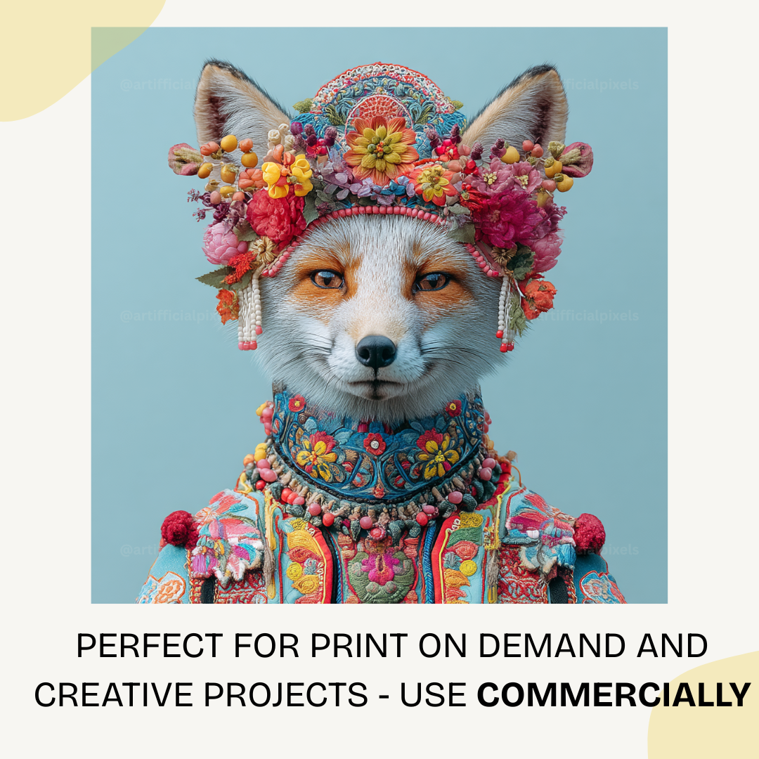 Beautiful ceremonial fox artwork adorned with blue floral embroidery and decorative elements for gallery wall display