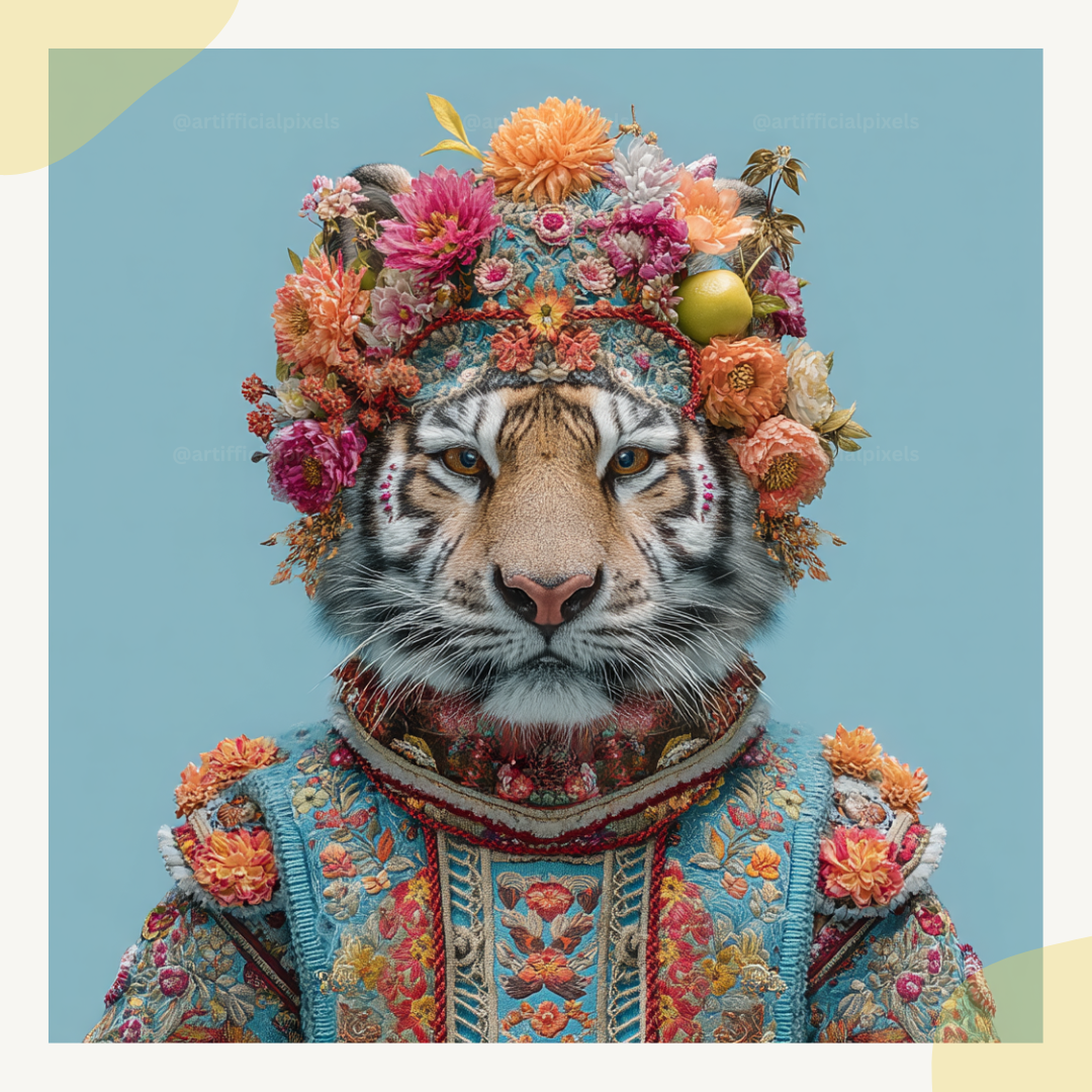 Powerful ceremonial tiger artwork featuring blue floral embroidery and intricate decorative elements for bold wall art