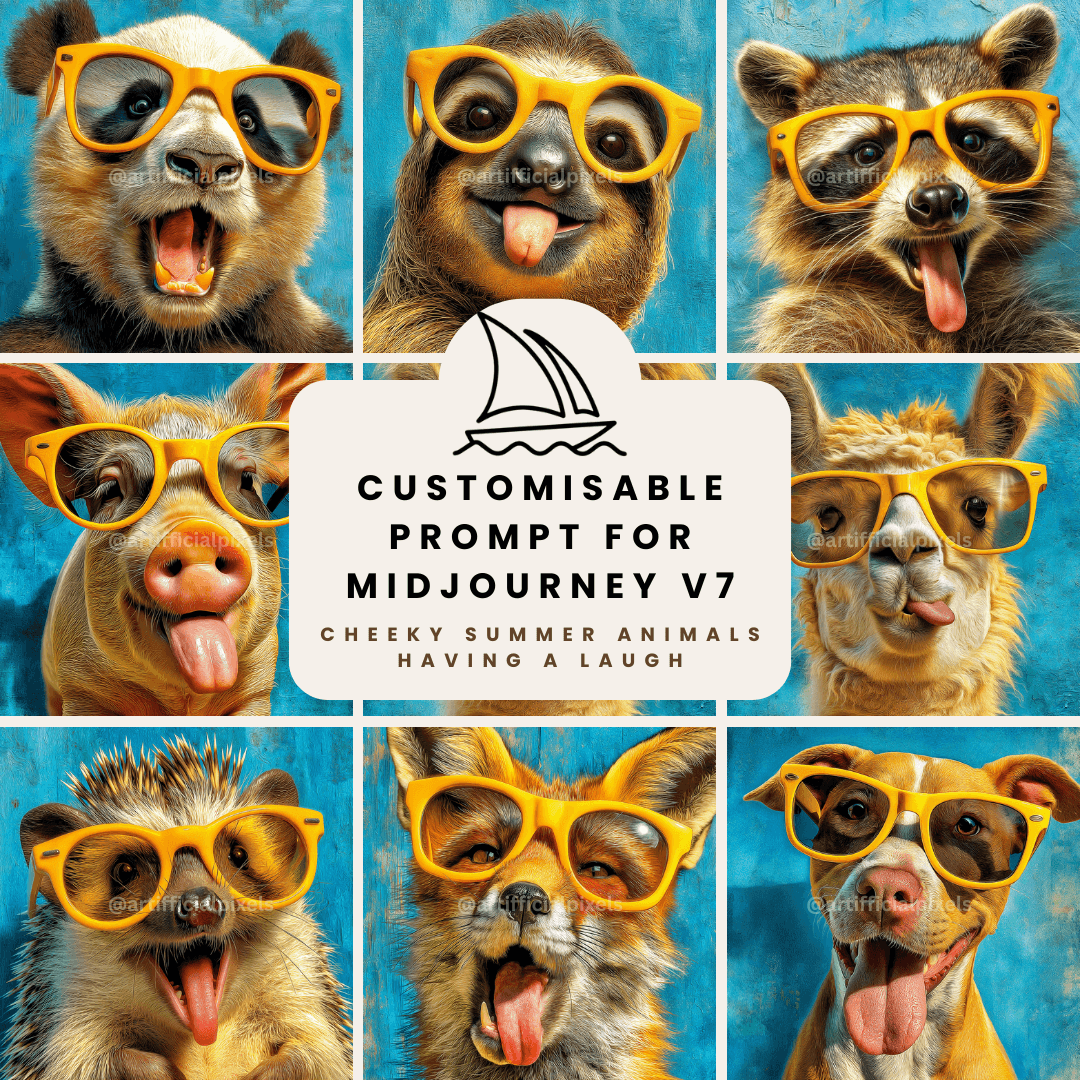 Cheeky AI animal art Midjourney prompt template with retro summer vibes for digital artists and print-on-demand creators